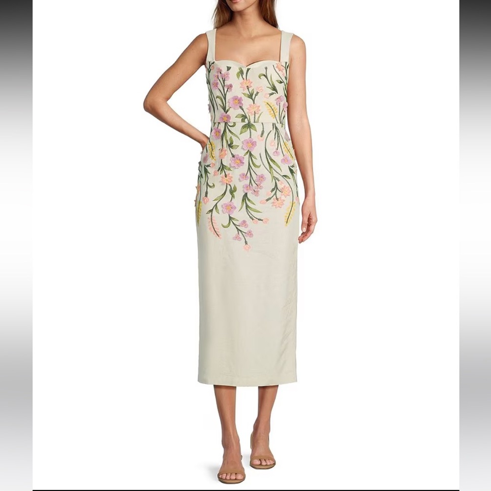 NWT Antonio Melani
Halo Linen Blend Floral Embroidered Sleeveless Midi Dress